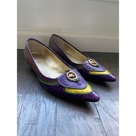 EUC Etro Leather Color Block Logo Charm Kitten Heels 9 - Picture 3 of 5